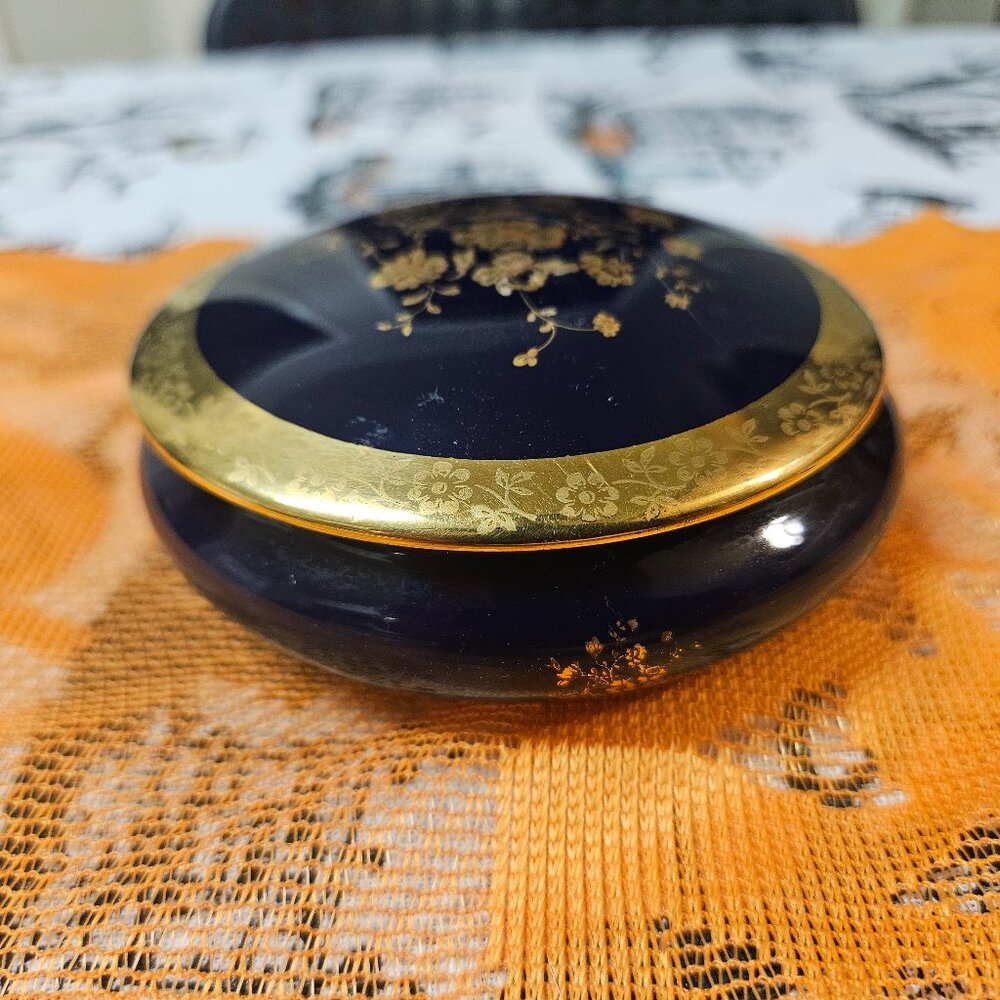 Limoges Castel France Cobalt Blue Gold Porcelain Trinket Box Floral Trim
